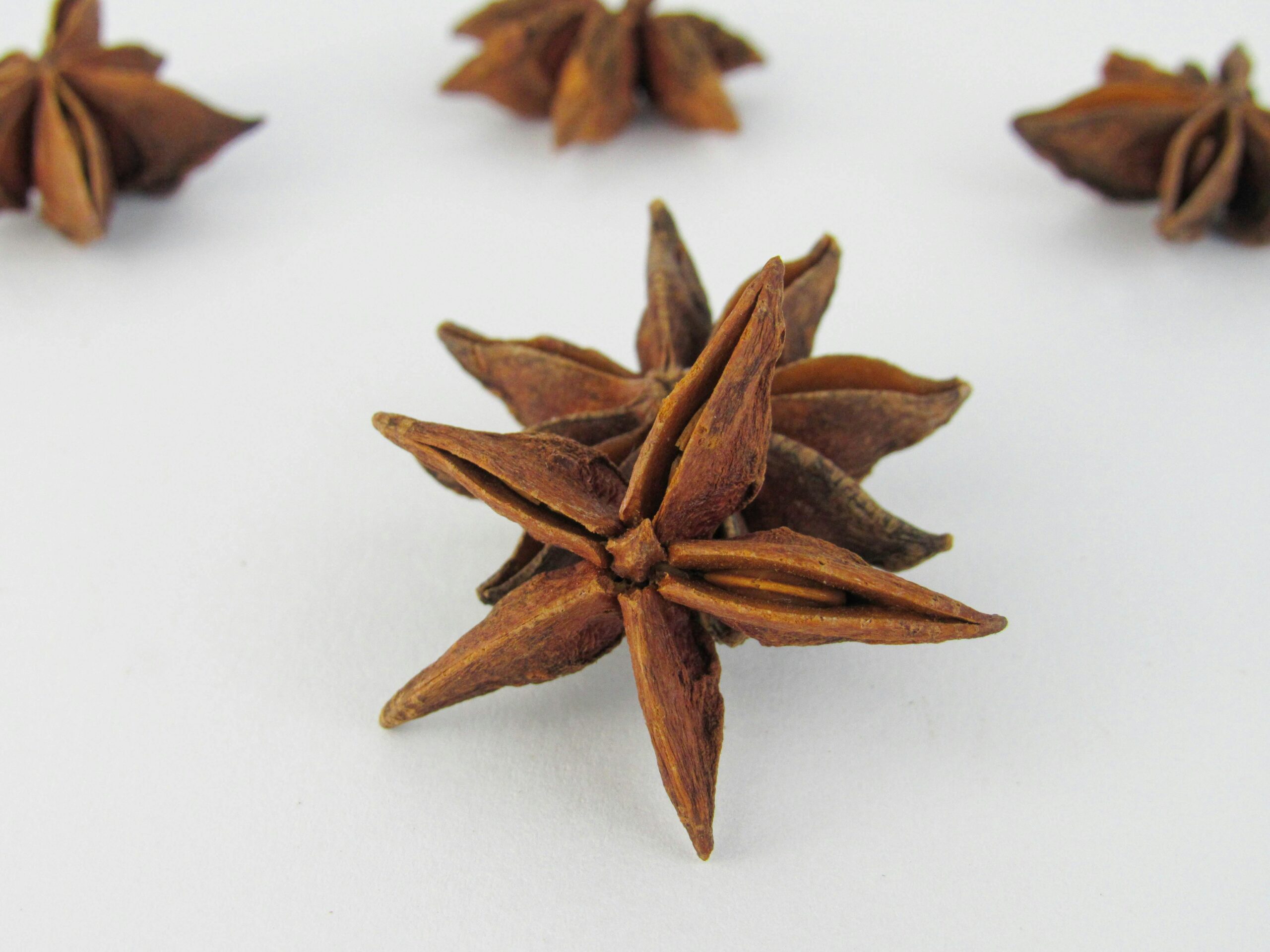 Close-up of star anise on white surface, ideal for culinary themes.