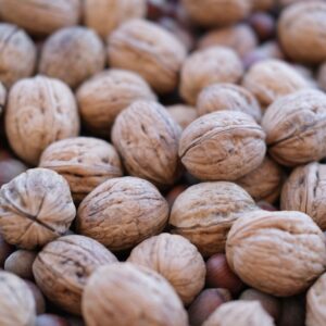 A detailed shot of walnuts and hazelnuts showcasing textures and natural tones.